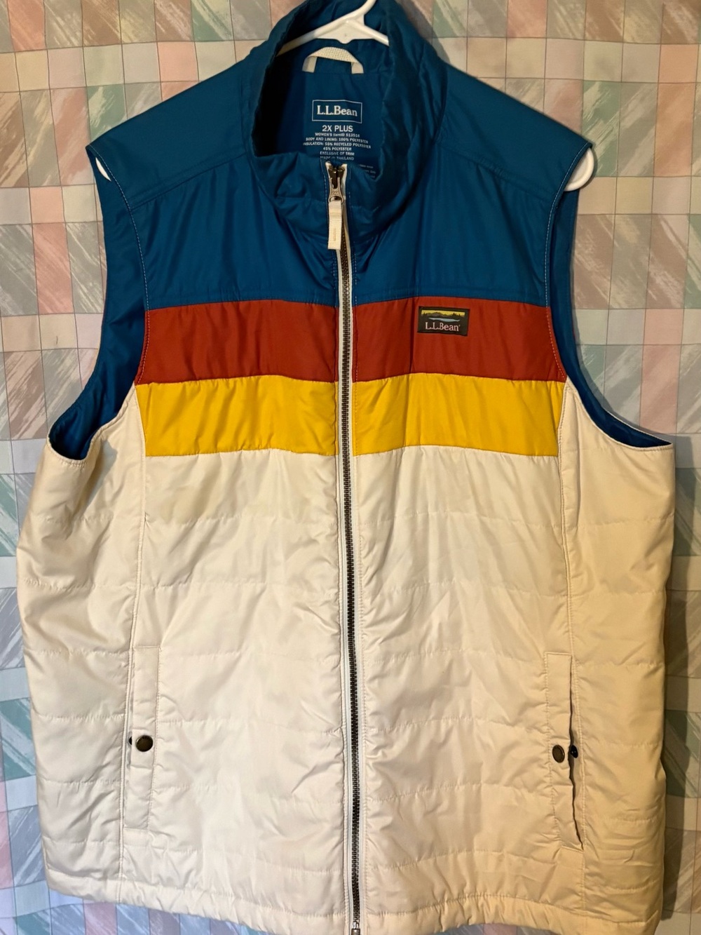 L.L. Bean 2XL Colorblock Puffer Vest Blue/Red/Yellow/Off White Full Zip Pockets